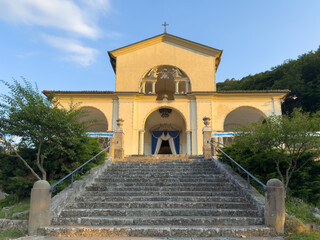 View of the Sanctuary of Altino and its staircase. City of Albino, Bergamo, Italy