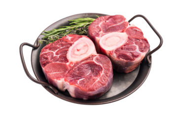 Freshly cross cut shank osso buco, ossobuco meat featuring succulent meat and bone marrow, waiting to elevate your cooking experience. isolated on white background. top view