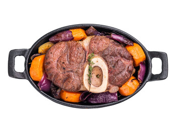 Hearty ossobuco slow cooked to perfection, showcasing succulent osso buco shank meat and aromatic herbs in a comforting stew. isolated on white background. top view