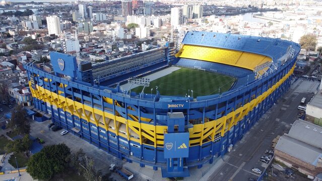 Buenos Aires, Argentina - July 12, 2024 - Drone view of La Bombonera side facade, featuring the iconic Boca Juniors crest and Adidas logo.