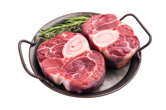 Freshly cross cut shank osso buco, ossobuco meat featuring succulent meat and bone marrow, waiting to elevate your cooking experience. isolated on white background. top view