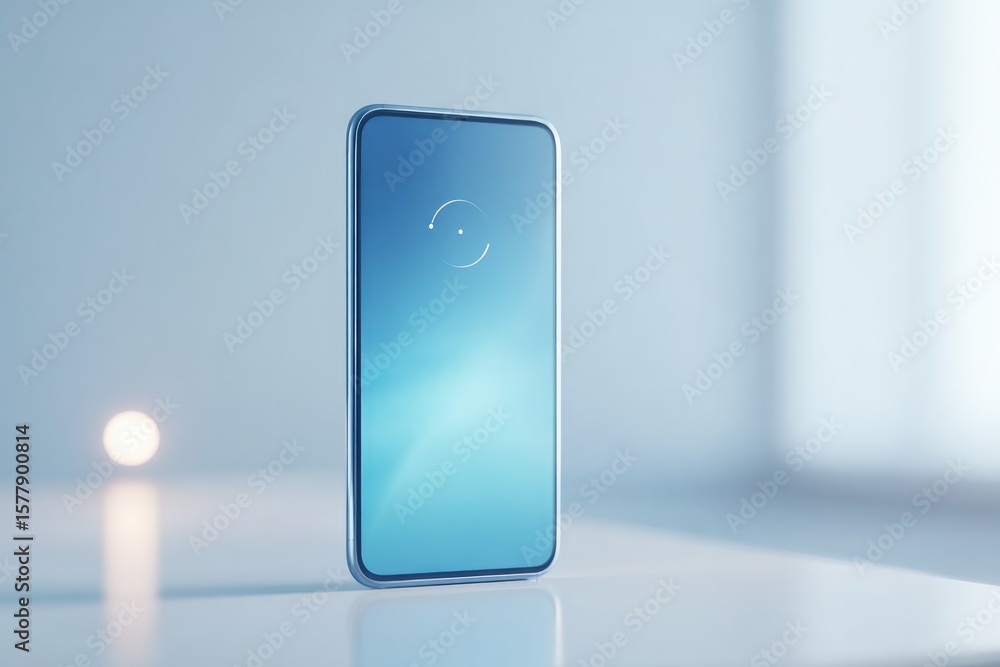 Poster single smartphone on sleek desk displaying facial recognition interface
