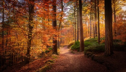 Obraz premium a serene forest path surrounded by tall trees and autumn colors inviting exploration and adventure in nature