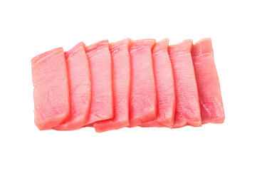 Premium quality tuna sashimi, expertly cut for maximum tenderness and taste, perfect for sushi enthusiasts. isolated on white background. top view