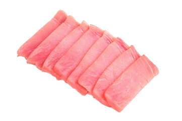 Premium quality tuna sashimi, expertly cut for maximum tenderness and taste, perfect for sushi enthusiasts. isolated on white background. top view