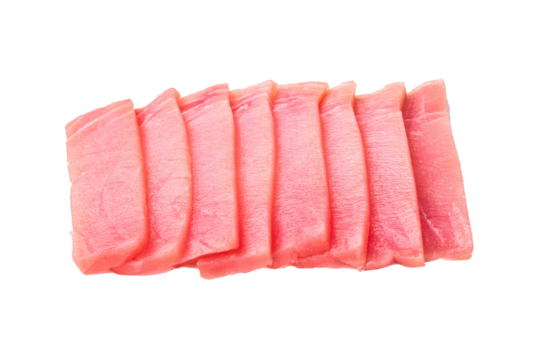 Premium quality tuna sashimi, expertly cut for maximum tenderness and taste, perfect for sushi enthusiasts. isolated on white background. top view
