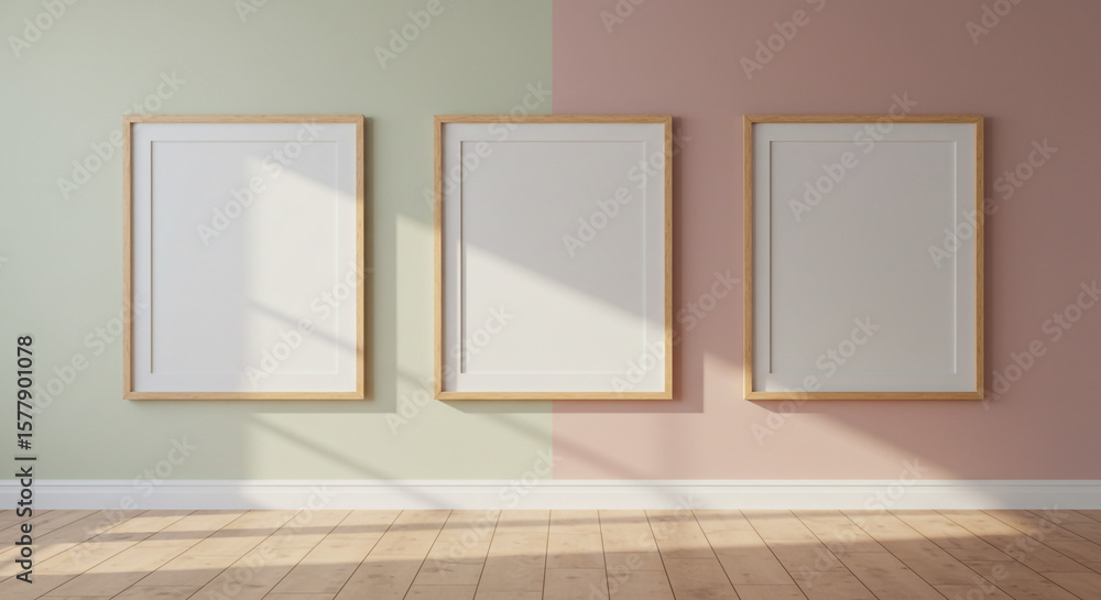 Poster three frames on a split color wall with a wooden floor and sunlight creating shadows in a minimalist