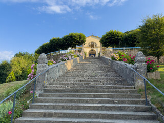 View of the Sanctuary of Altino and its staircase. City of Albino, Bergamo, Italy