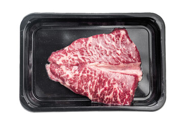 Fresh raw Denver steak, showcasing its marbled texture and rich color, perfect for grilling or pan-searing to create a flavorful meal. isolated on white background. top view