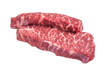 Premium denver, chuck eye steak, beautifully presented, ready for seasoning. A versatile cut ideal for barbecue enthusiasts and steak lovers alike. isolated on white background. top view