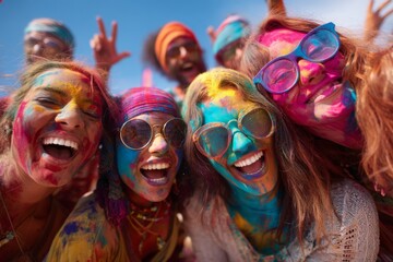 Obraz premium A close-knit group of friends joyfully celebrates Holi by throwing colorful powders into the air. Laughter fills the sunny atmosphere as vibrant hues cover their faces