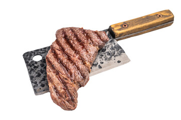 Grilled Denver steak, perfectly seared with beautiful grill marks, showcasing its juicy tenderness and rich flavor. isolated on white background. top view