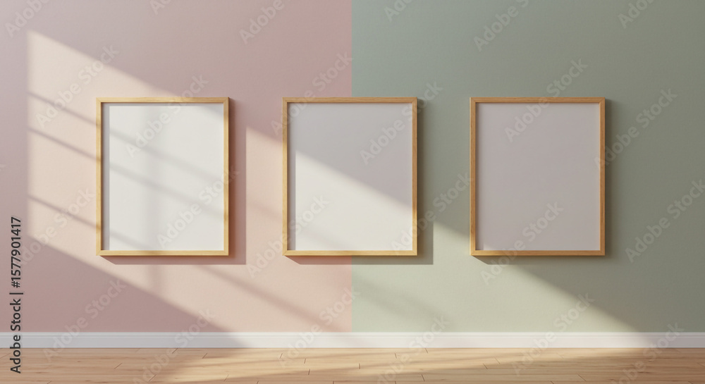 Poster three blank frames on a two tone wall with wood floor and window light creating shadows on the wall