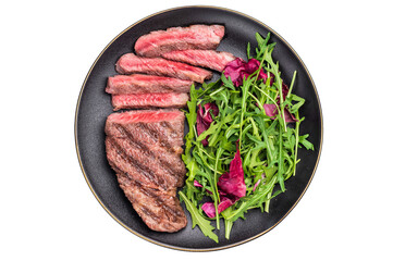 Succulent Denver cut, showcasing a perfect sear and rich color after grilling.  isolated on white background. top view