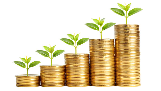 Stacks of golden coins with growing plants isolated on transparent background, symbolizing financial growth and investment success