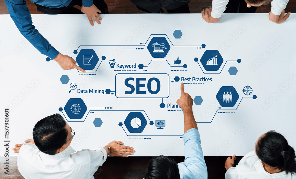 Poster business professionals engage in a collaborative session analyzing seo strategies with visual graphi
