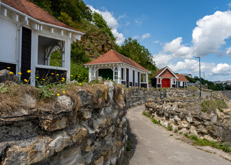 Traditional wooden beach huts in Scarborough's South Bay