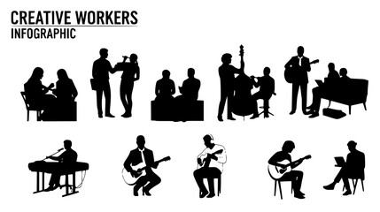 Creative workers playing musical instruments in silhouettes