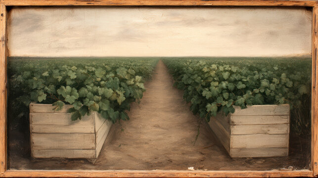 A surreal painting shows two large wooden crates filled with abundant green plants, diverging symmetrically along a dirt path extending to the horizon under a muted sky.