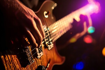 Obraz premium Close-up view of a guitarists hand skillfully strumming strings during a concert. The dark background is illuminated by vibrant stage lights, enhancing the musical performance