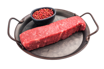 High quality marbled wagyu beef steak, ready to be transformed into a gourmet masterpiece. A delicious choice for any meat lover's palate. isolated on white background. top view
