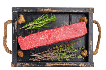 Fresh wagyu brisket cut, beautifully presented with intricate marbling. A must-have for steak enthusiasts looking to elevate their dining options. isolated on white background. top view