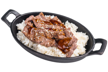 Exquisite Japanese BBQ, highlighting beautifully charred meats and rice. Perfectly seasoned, this dish promises a rich and savory flavor in every bite. isolated on white background. top view