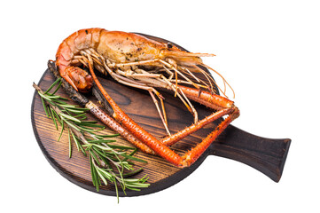 Juicy grilled giant river prawn shrimp served with rosemary, a mouthwatering dish for your next barbecue. isolated on white background. top view