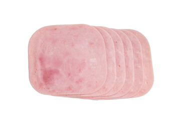 Thinly sliced ham arranged beautifully, perfect for sandwiches, charcuterie boards, or gourmet meals. isolated on white background. top view