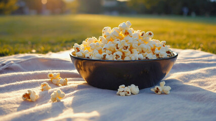 Fluffy Buttered Popcorn in Large Bowl on Picnic Blanket
