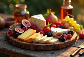 artful cheese board seasonal fruits gourmet display artisan crafts table arrangement elegance color contrast freshness indulgence culinary delight, vegetable
