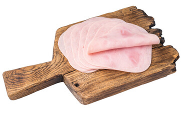 Delicious slices of cured ham on a wooden platter, ideal for entertaining and adding flavor to your...
