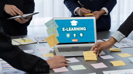 Analyst team use sticky note for creative and analytic brainstorm for business idea with BI data...