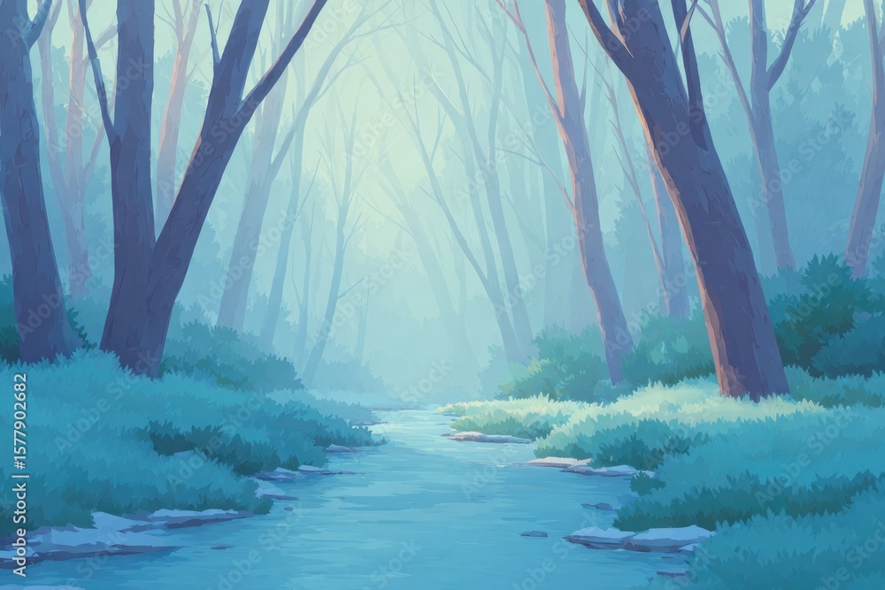 Poster cartoon swamp path with twisted trees and open water