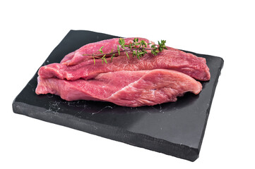 Raw sliced duck breast fillet, uncooked poultry meat. isolated on white background. top view
