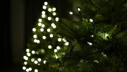 Winter holiday background featuring a close-up of a decorated evergreen tree. Glowing white lights illuminate the needles, with soft bokeh lights in the dark.