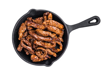 Delicious glazed teriyaki beef in a skillet  isolated on white background. top view