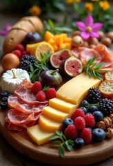artfully arranged cheese platter seasonal fruits gourmet presentation charcuterie board tasteful delicacies culinary masterpiece decorative, colorful