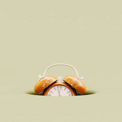 Orange alarm clock on green background with copy space. 3D Rendering, 3D Illustration