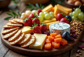 artfully arranged cheese selection vibrant fruits gourmet platter delicious snacks celebration appetizer, variety, colorful, arrangement, tasting, board