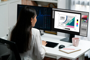 Graphic designer software for modern design of web page and commercial brisk ads showing on the...