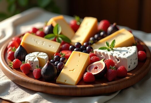 artfully arranged gourmet cheese platter exquisite fruits luxurious presentation cheese selection delightful tasting experience, arrangement, variety, board