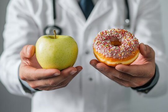 A male dietitian holds an apple in one hand and a doughnut in the other, highlighting the contrast between healthy and unhealthy food selections