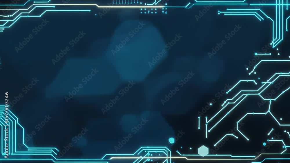 Poster glowing digital circuit animation with a blue technology border frame