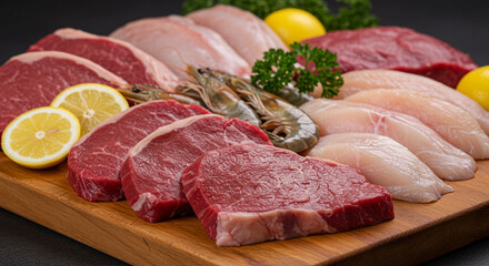 Assorted raw meats and seafood displayed on a wooden cutting board with lemon and parsley garnish