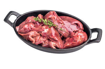 Freshly sourced poultry liver, chicken offals waiting to be transformed into a delicious dish. isolated on white background. top view