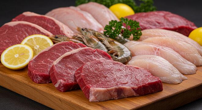 Assorted raw meats and seafood displayed on a wooden cutting board with lemon and parsley garnish