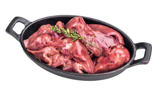 Freshly sourced poultry liver, chicken offals waiting to be transformed into a delicious dish. isolated on white background. top view