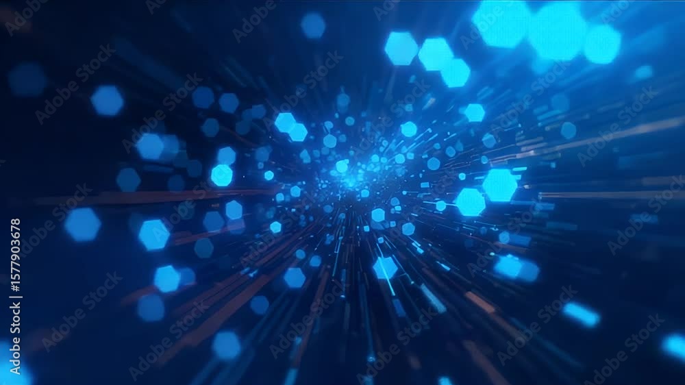 Poster digital hexagon particle animation flowing through a luminous blue tunnel