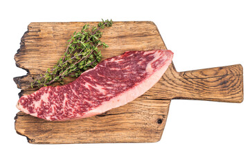 Fresh raw Brazilian picanha steak, beef meat, showcasing its rich marbling and vibrant color....